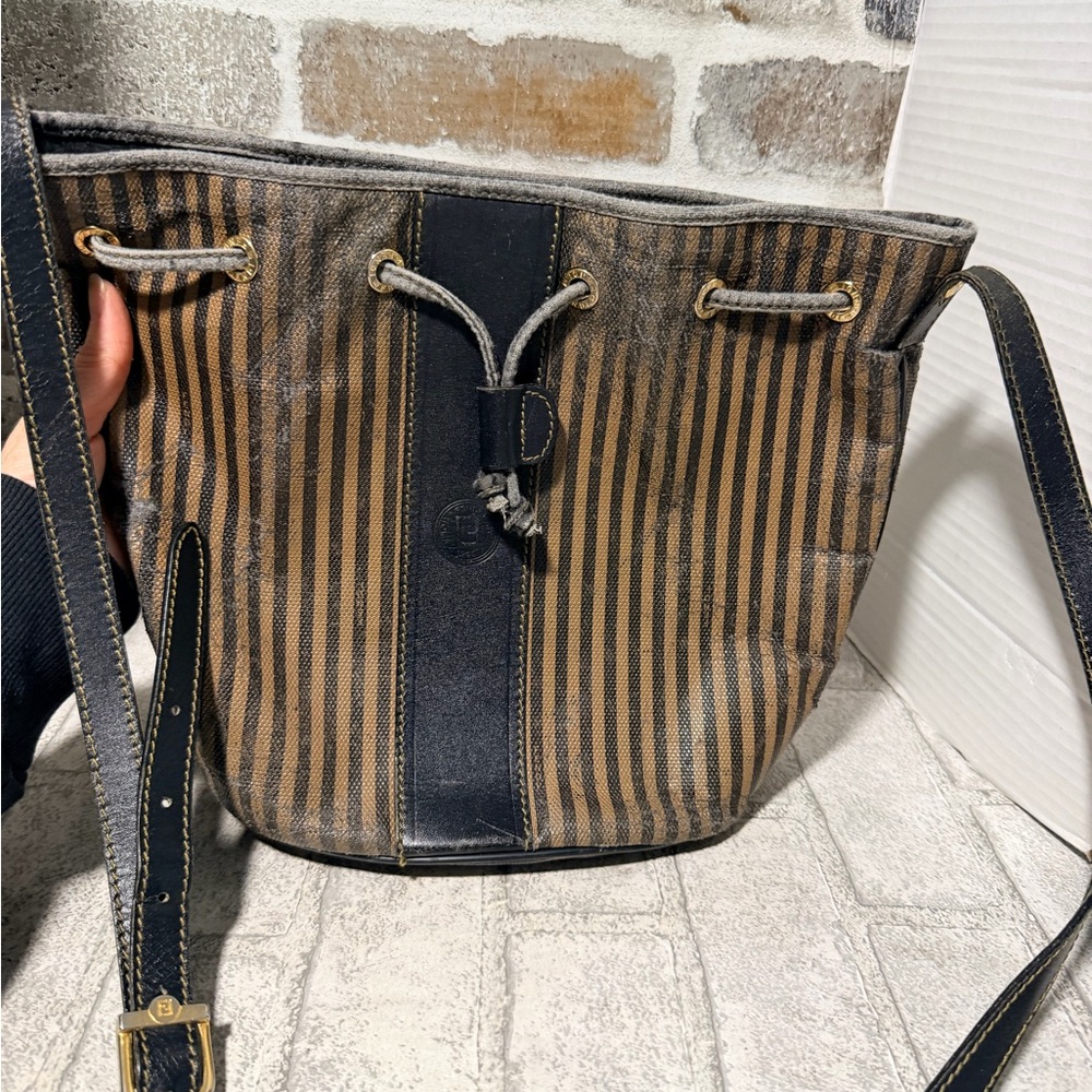 Fendi Black and Brown Striped Shoulder Bag Cinch crossbody